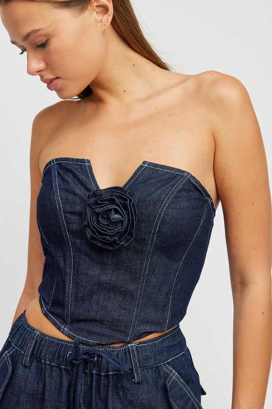 DENIM CORSET TUBE TOP WITH ROSETTE DETAIL